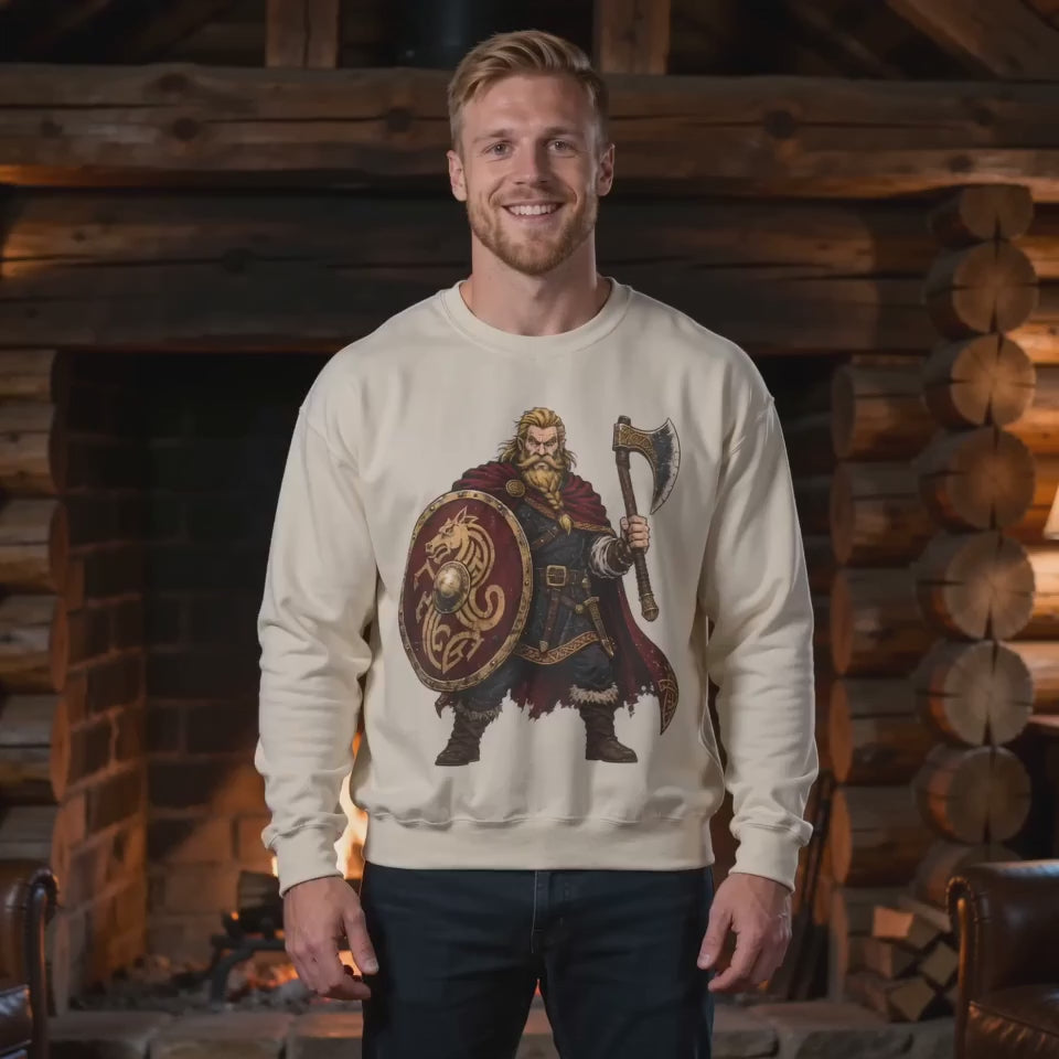 Product video showcasing the sand Anglo-Saxon Caricature Warrior Sweatshirt, featuring a determined warrior holding an axe and round shield.