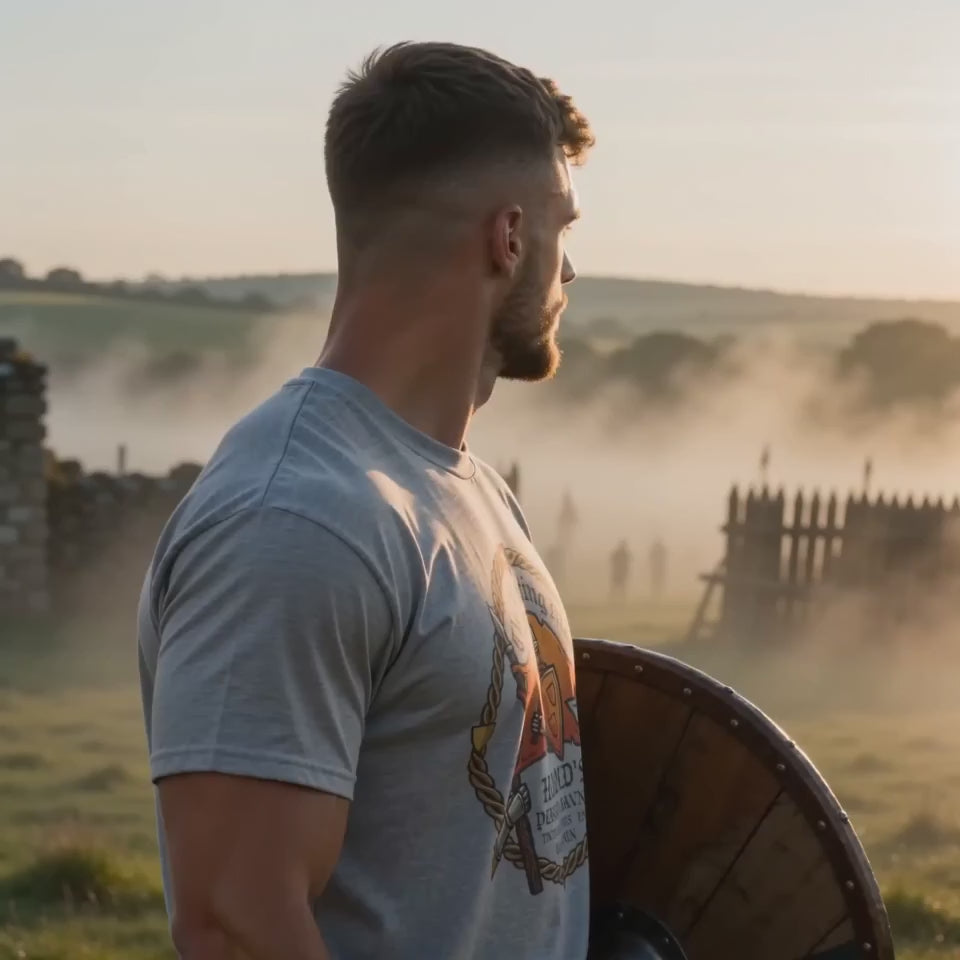 King Harold II T-Shirt — The Fighting Man Shield & Axe heritage tee, model wearing Sport Grey colourway