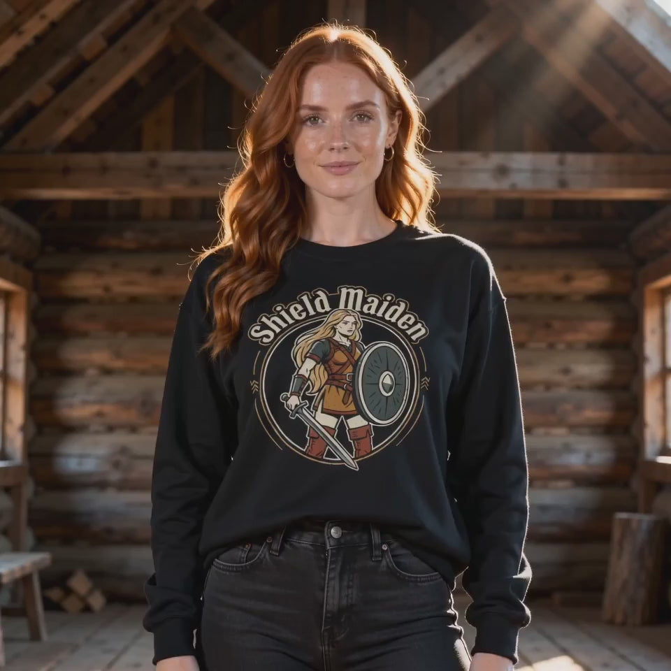Shield Maiden Sweatshirt — Legendary Female Viking Warrior Norse Heritage Crewneck, model wearing Black colourway