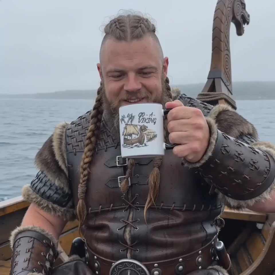 Go A Viking Longship Mug — Norse heritage accent ceramic coffee mug 11oz, Viking model sitting on longship drinking from mug
