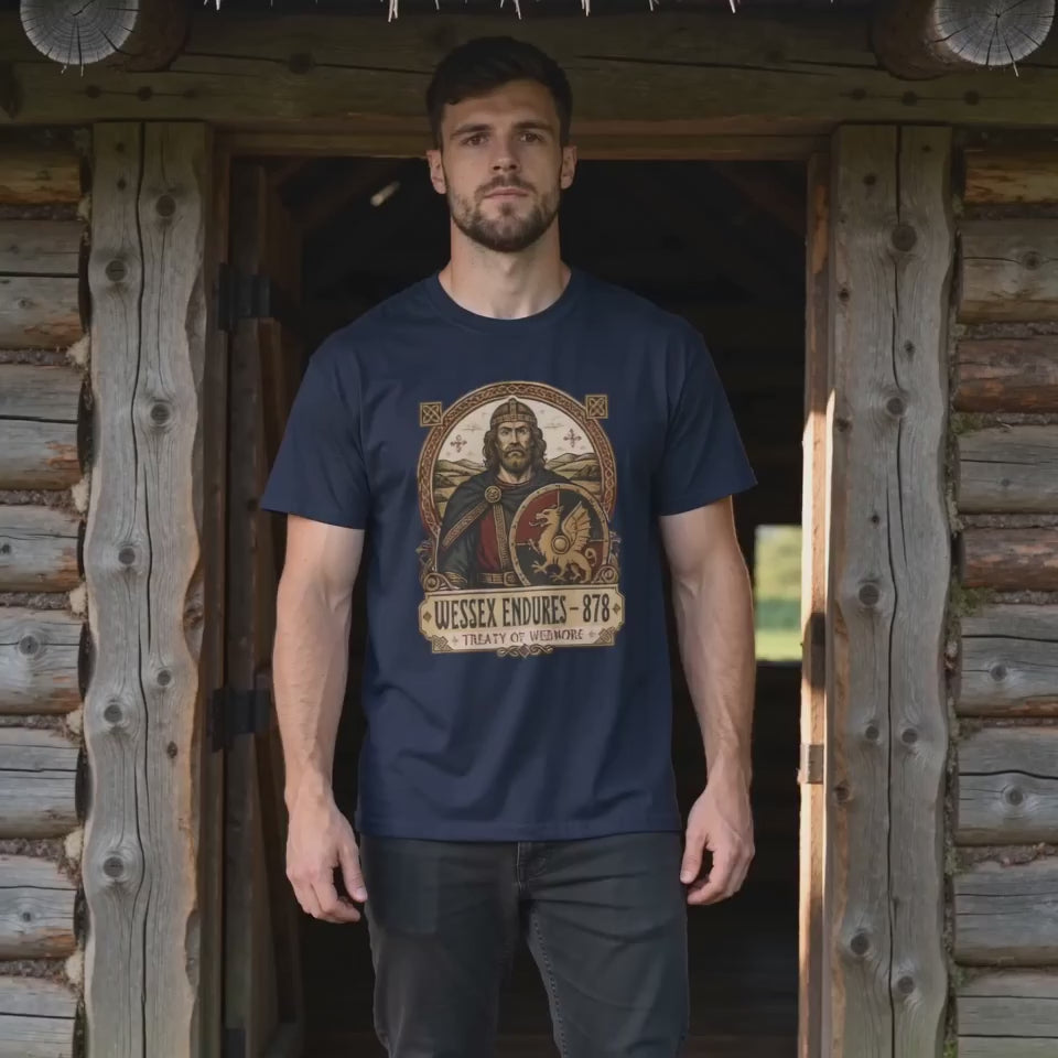 Product video showcasing the black Treaty of Wedmore T-Shirt with Alfred, a shield and the Somerset landscape in the “Wessex Endures — 878” design.