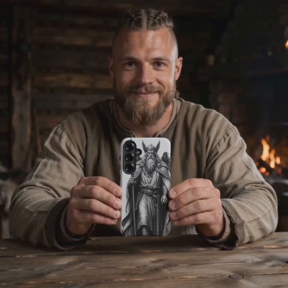 Odin & Woden Phone Case — Norse mythology guardian illustration Viking heritage cover, lifestyle shot with Viking figure on wooden table