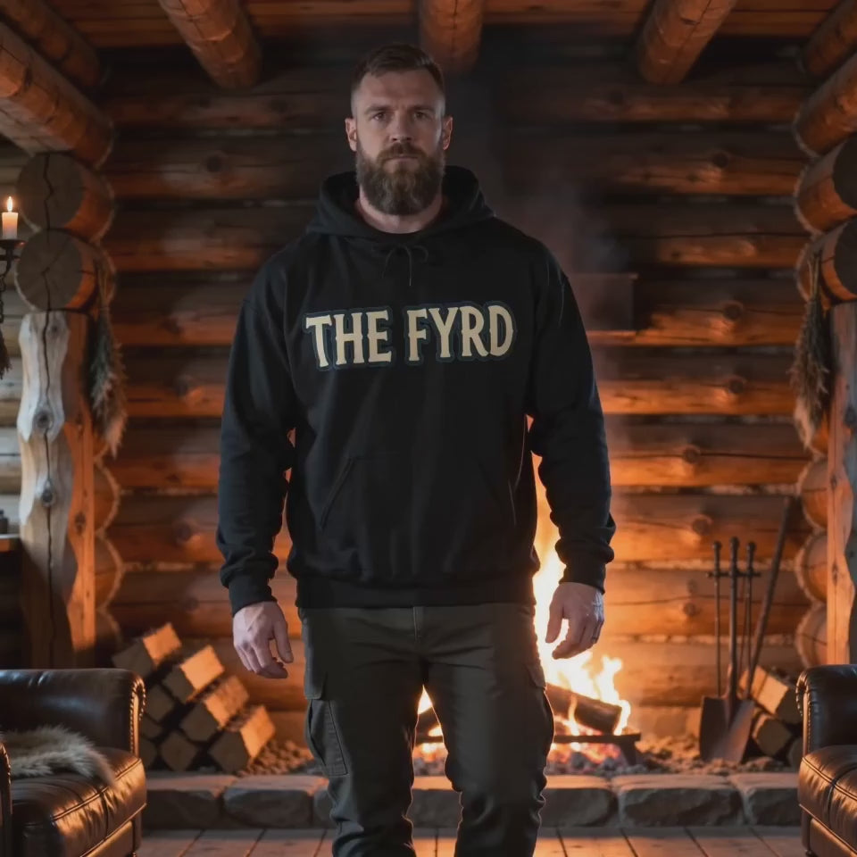 Product video showcasing the black The Fyrd Anglo-Saxon Heritage Hoodie with The Fyrd statement design.