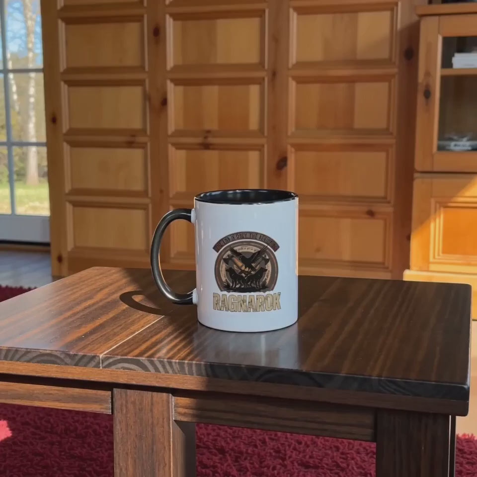 Ragnarök Mug — The End Is Only The Beginning, raven wolf and axes Norse heritage accent ceramic mug on a table