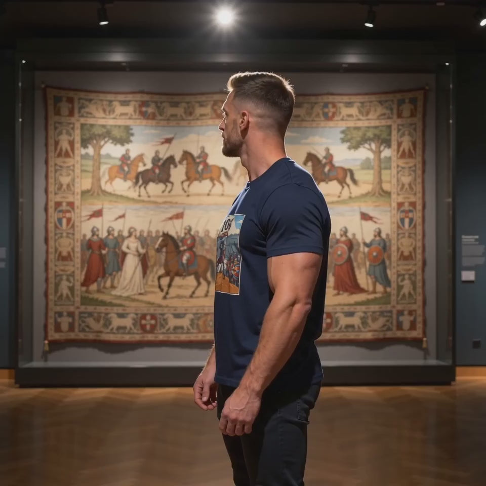 1066 Battle of Hastings T-Shirt — Last Stand of the Saxon King heritage tee, male model wearing Navy Blue colourway
