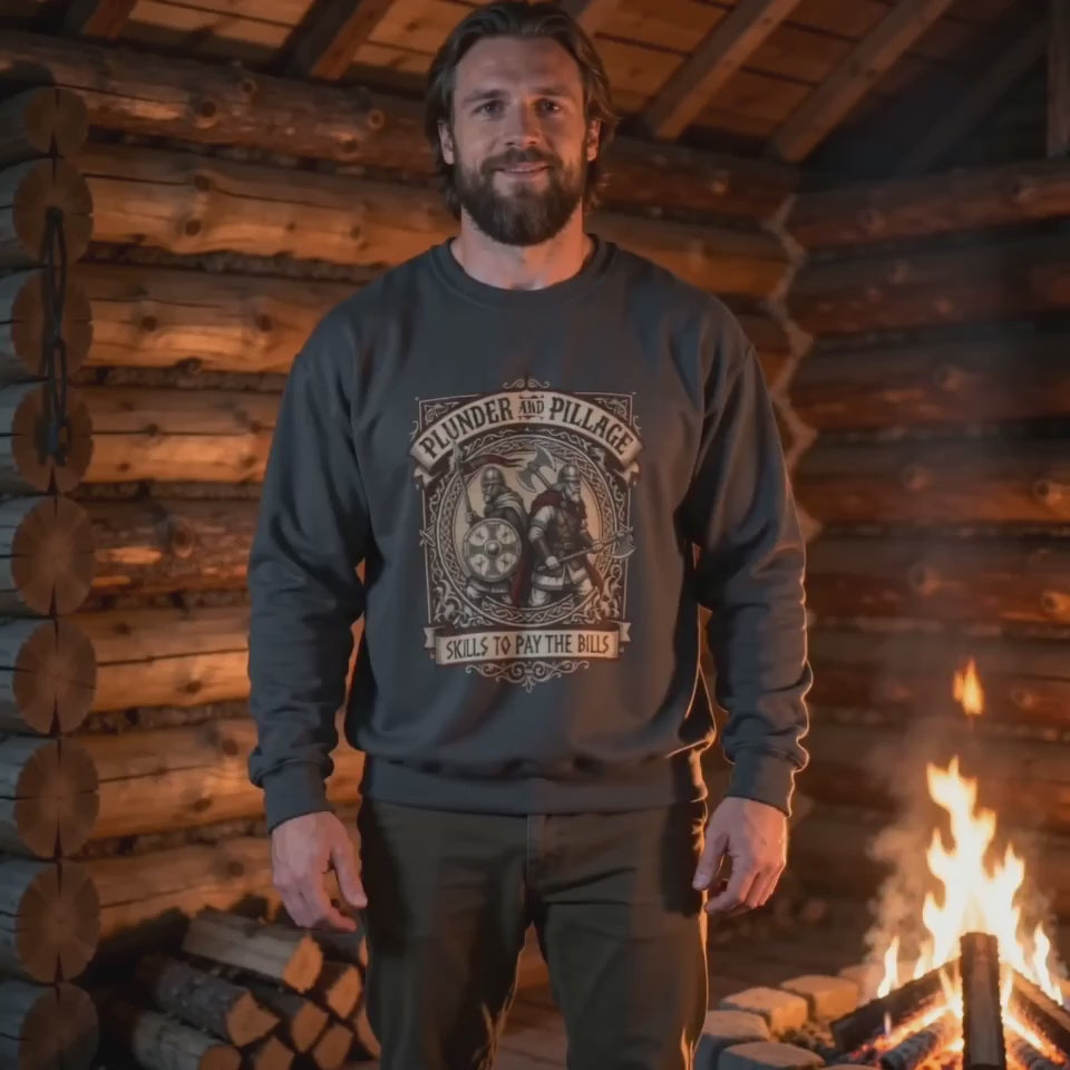 Product video showcasing the dark heather Viking Raiders Sweatshirt with the “Pillage & Plunder Skills To Pay The Bills” design.