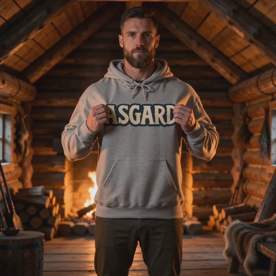 Product video showcasing the sport grey Asgard Norse Mythology Hoodie with bold Asgard lettering.