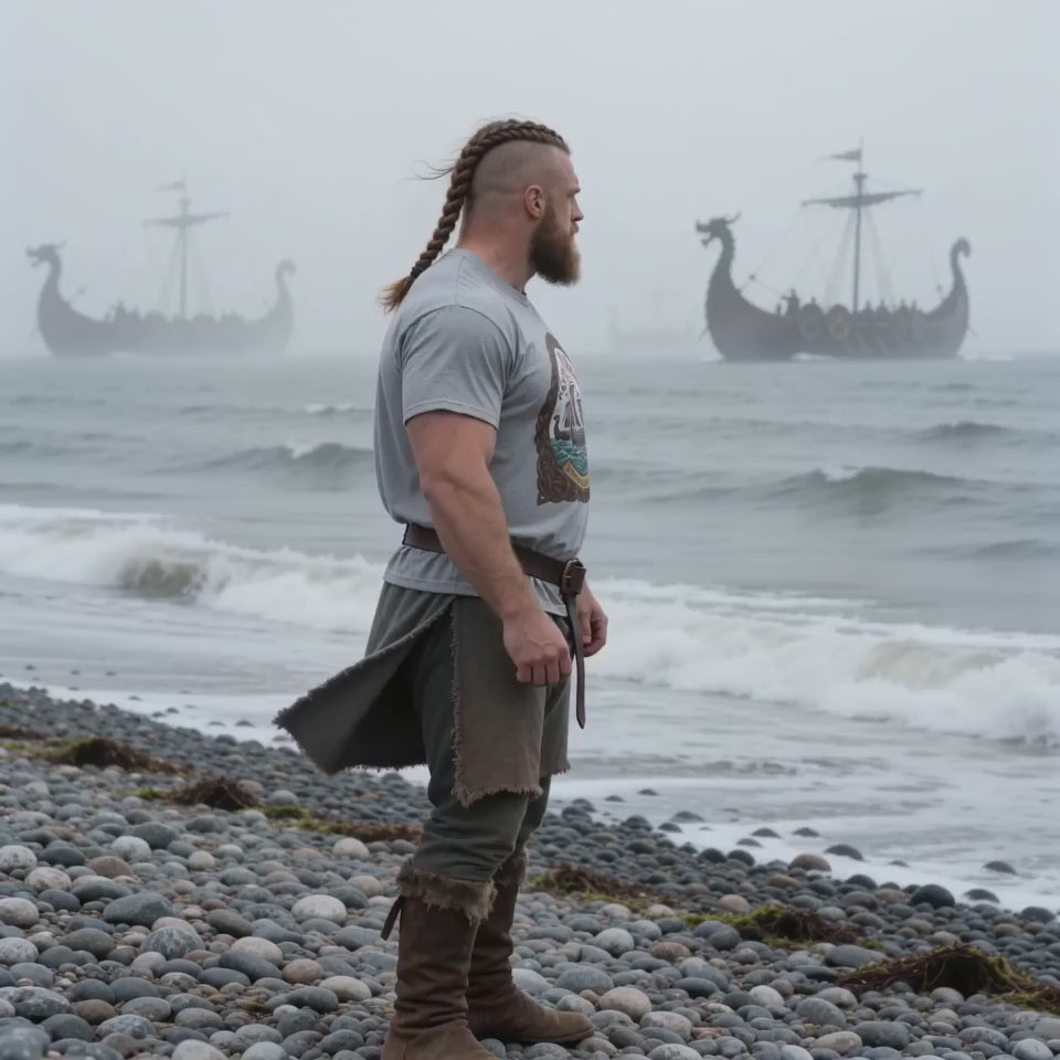 Stop the Boats T-Shirt — Knotwork Design Norman Conquest 1066 heritage tee, model wearing Sport Grey colourway