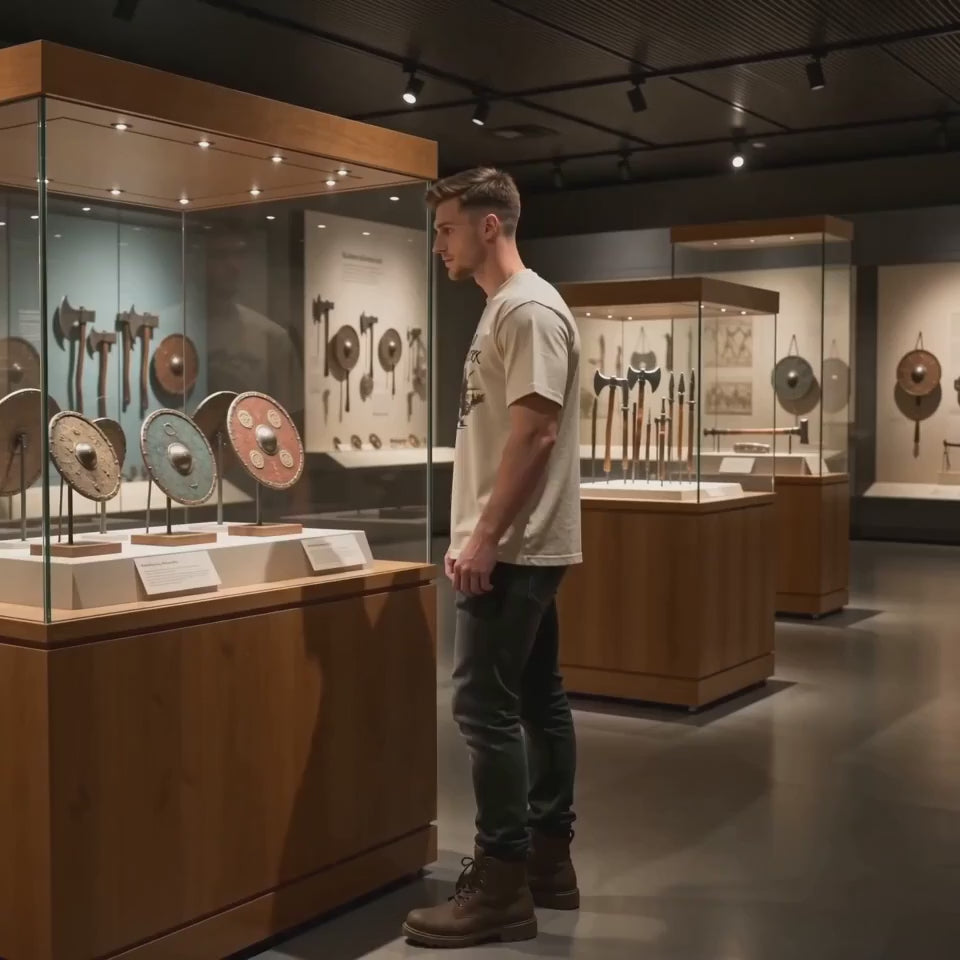 Go Berserk T-Shirt — three Viking berserkers Norse heritage graphic tee, model wearing in museum setting