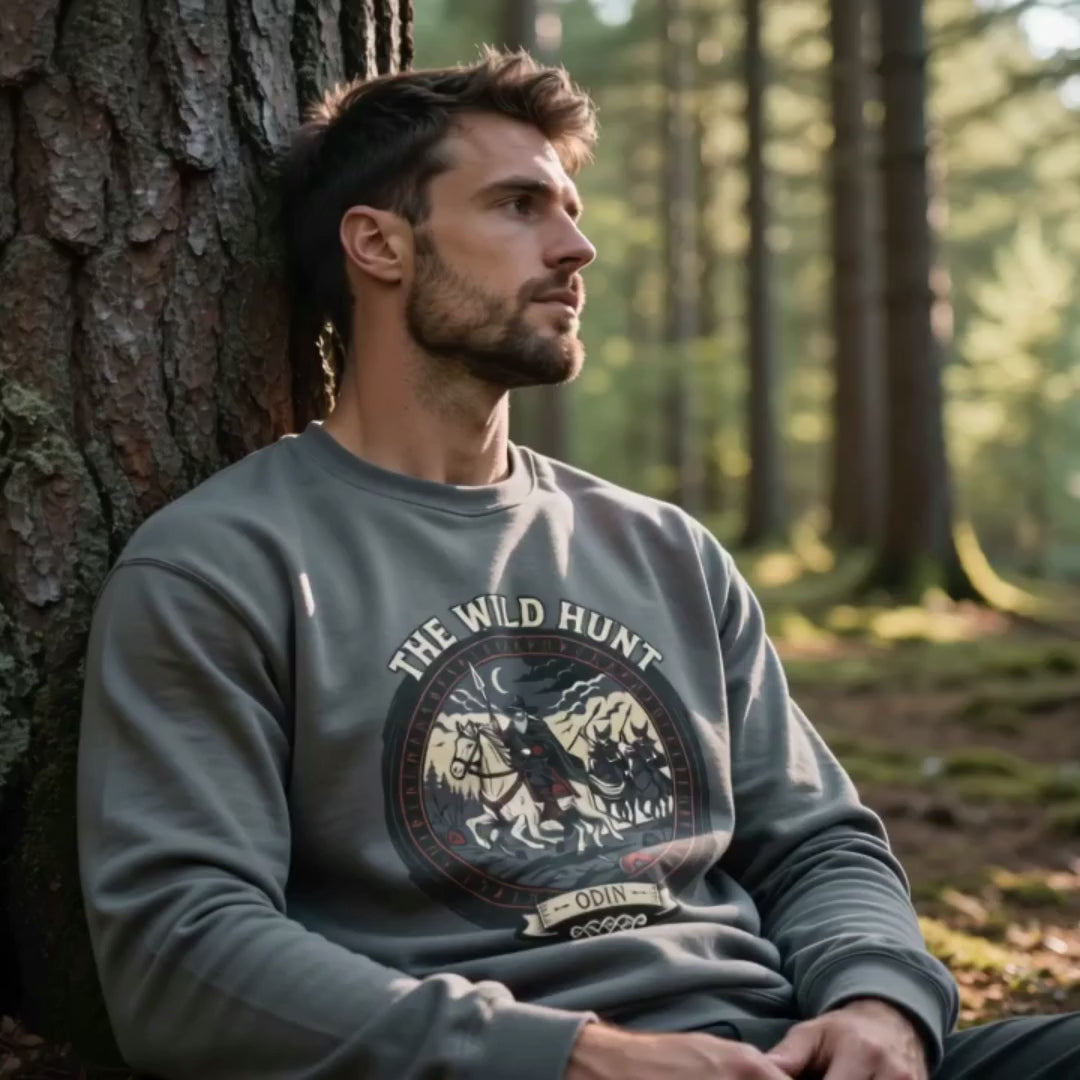 Product video showcasing the charcoal Wild Hunt Sweatshirt, featuring an Odin and Sleipnir design inspired by Norse mythology.