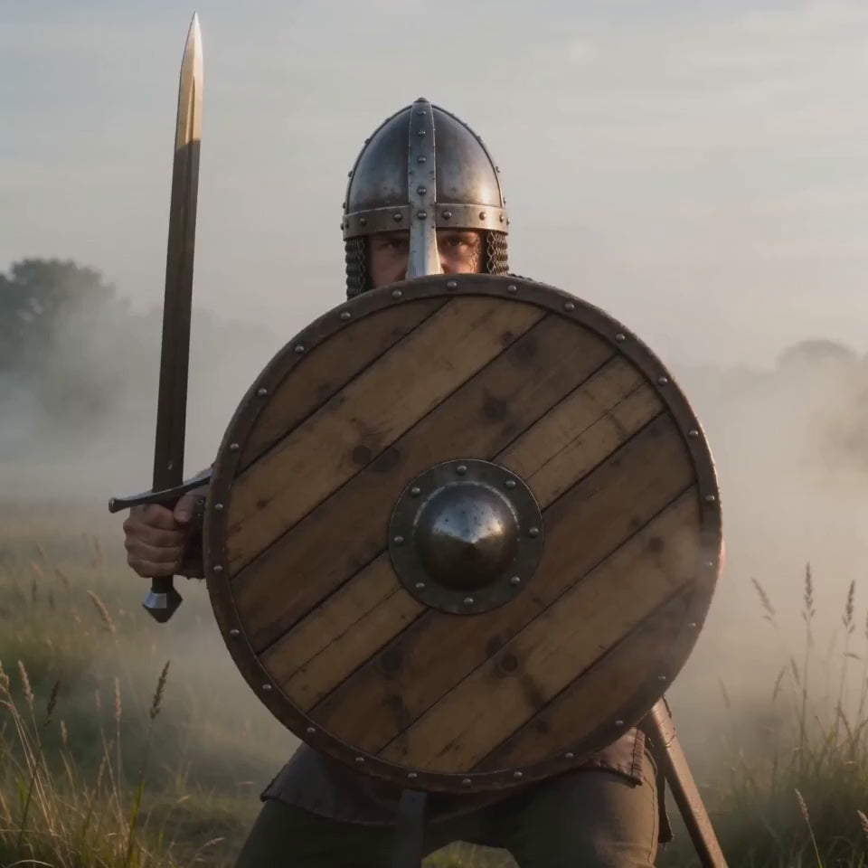 1066 Shield Wall Farewell Tour T-Shirt — Battle of Hastings heritage tee, warrior model wearing t-shirt holding sword and shield