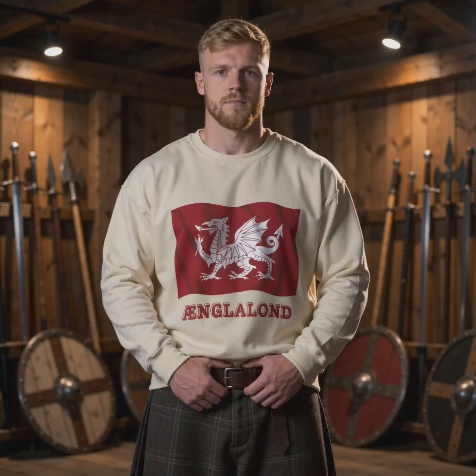 Ænglalond — White Dragon Wavy Flag Sweatshirt heritage clothing, model wearing Sand colourway
