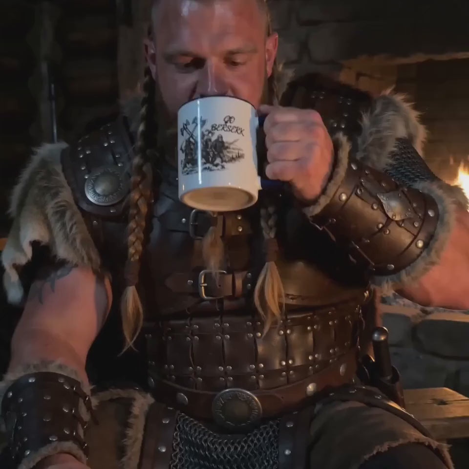 Go Berserk Mug — three Viking berserkers Norse heritage accent ceramic mug, Viking warrior model drinking from mug