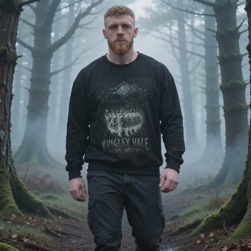 Kingley Vale — Yew Tree Crewneck Sweatshirt, Viking Ghosts of the Ancient Forest, model wearing Black colourway