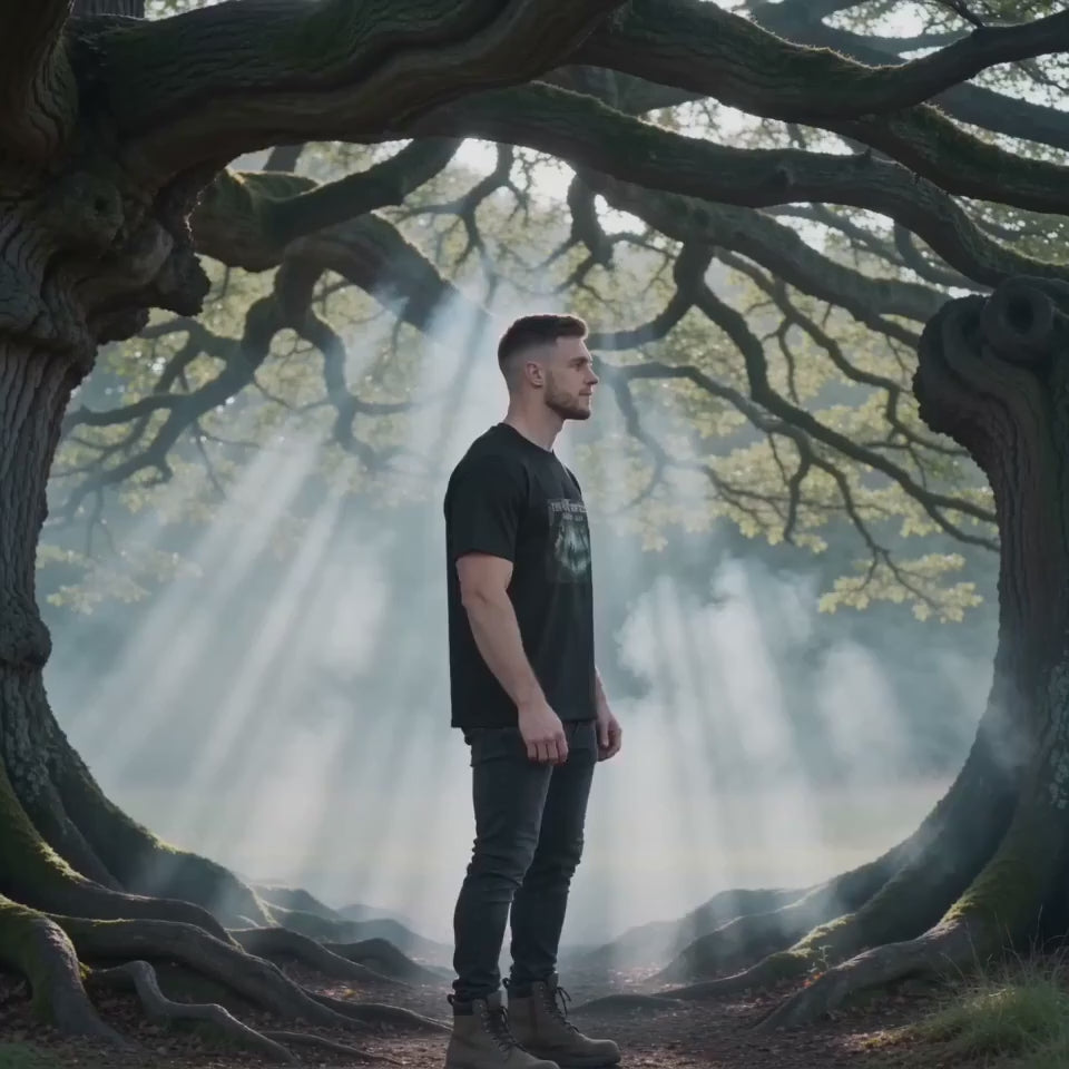 Viking Ghosts of Kingley Vale T-Shirt — model wearing dark gothic forest graphic tee beneath ancient yew tree