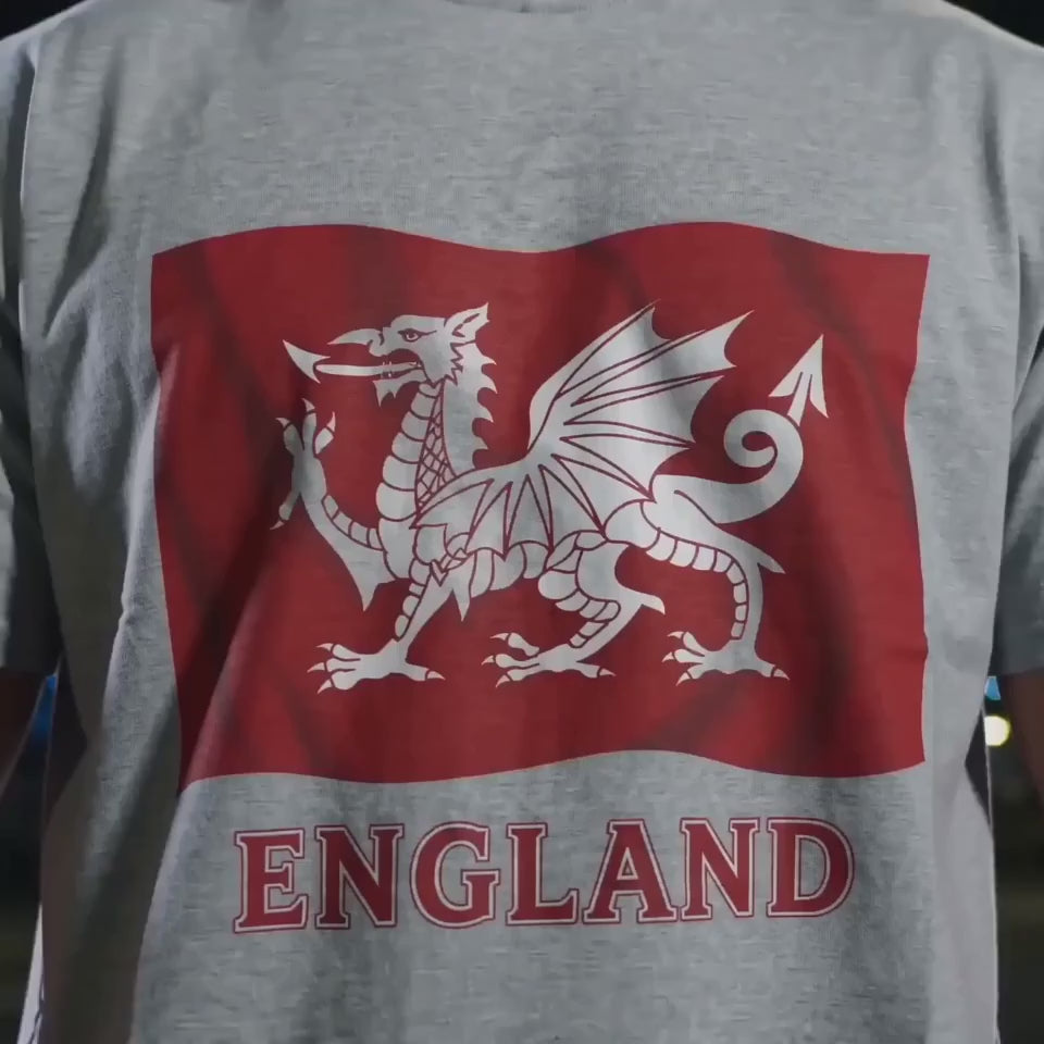 Anglo-Saxon White Dragon Flag T-Shirt — wavy England design heritage tee, model wearing Sport Grey colourway