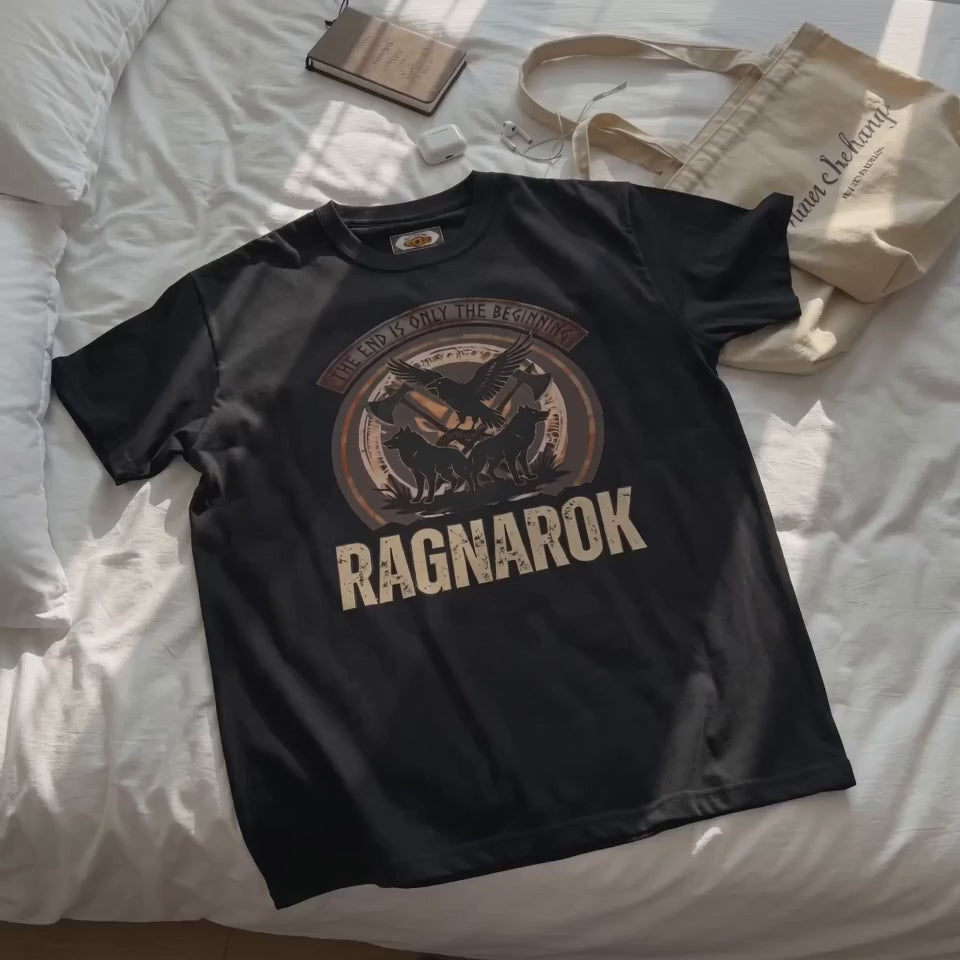 Ragnarök T-Shirt — The End Is Only The Beginning, raven wolf and axes Norse heritage graphic tee, flat lay