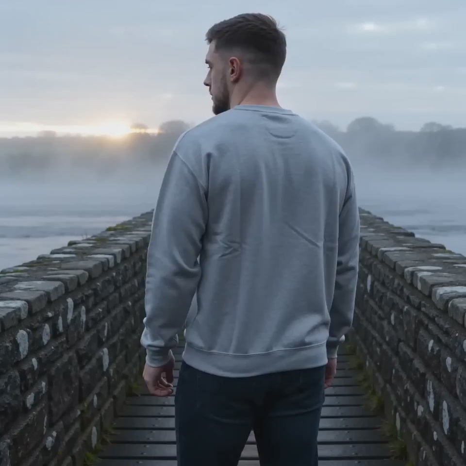 Product video showcasing the sport grey Viking Shield Wall Sweatshirt, featuring a Stamford Bridge 1066 design inspired by the story of the lone Viking axeman.