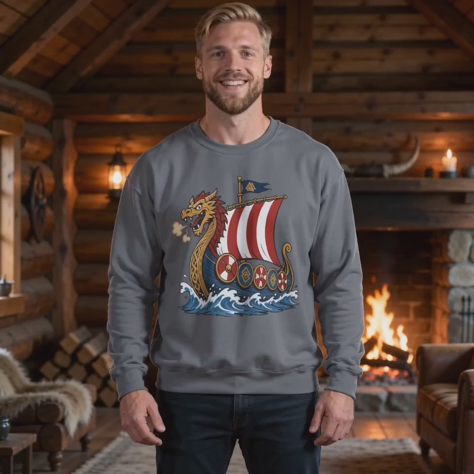 Dragonship Sweatshirt — Caricature Viking Drakkar heritage clothing, model wearing Charcoal colourway